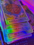 12 months from now tarot reading for one year ahead with colorful tarot cards.