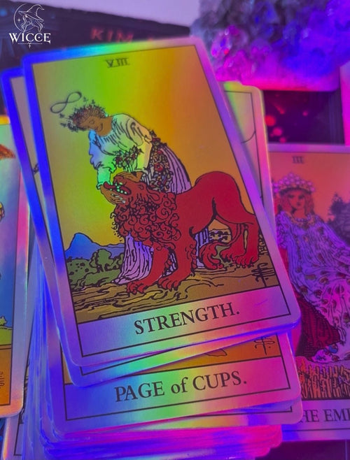 5 questions tarot reading for relationships with Rider Waite colorful tarot cards "The strength" ane "Page of cups"