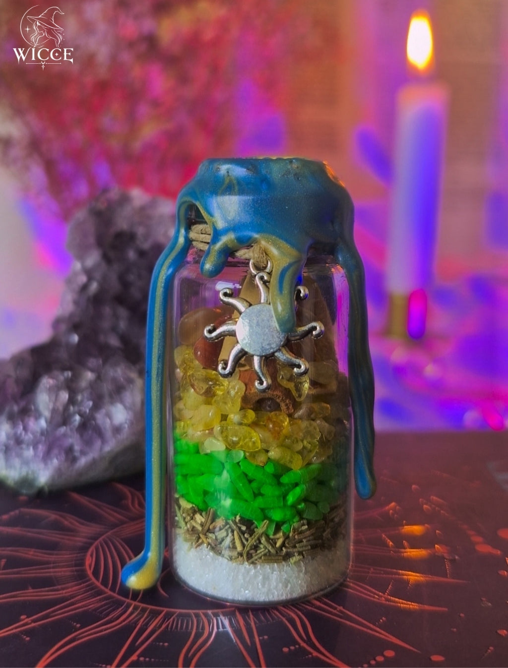 Business Success Spell Jar for Growth & Prosperity with blue wax, citrine, money rice, rosemary, sugar, herbs, and a sun charm.
