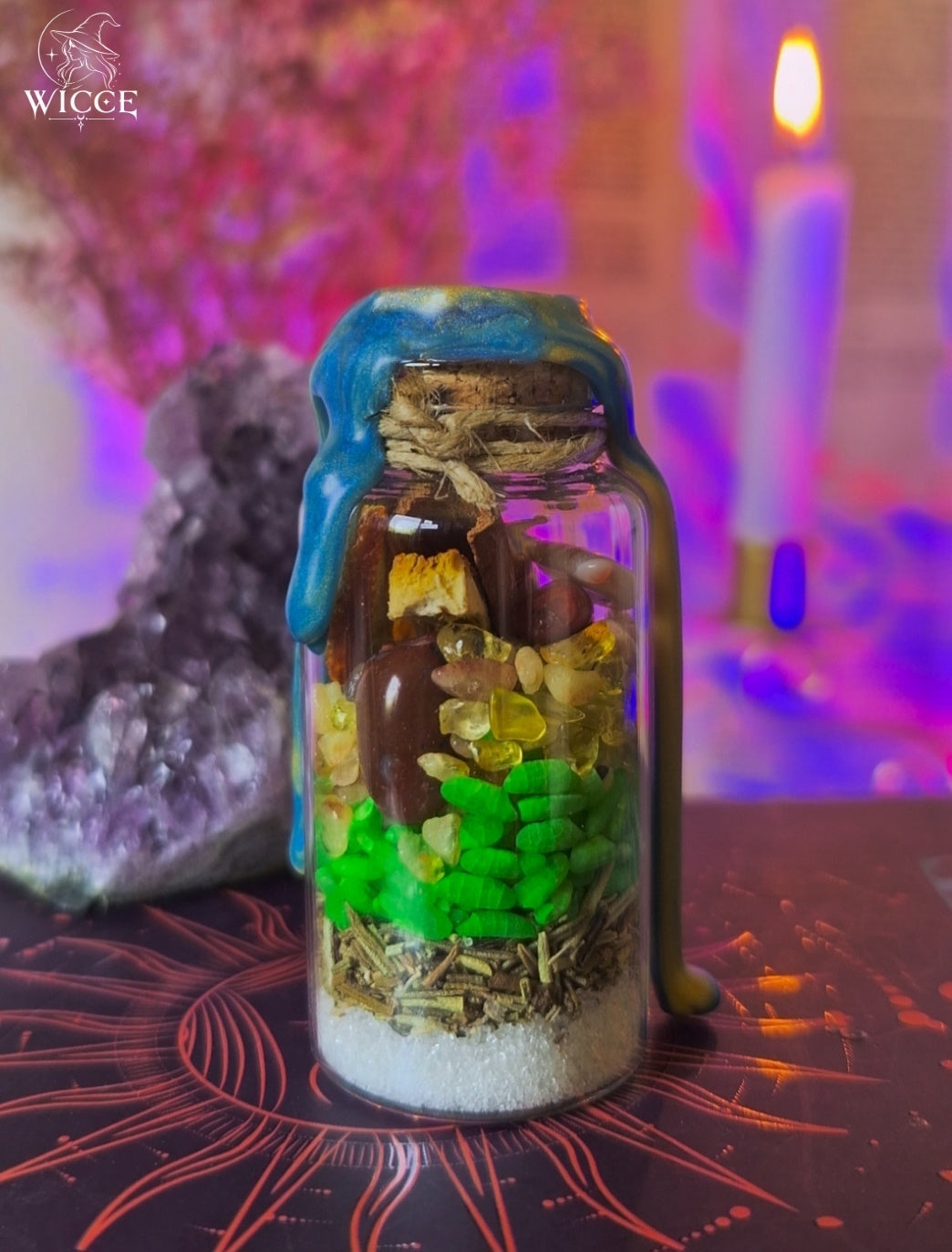 Business Success Spell Jar for Growth & Prosperity viewed from the back, featuring citrine, jasper, money rice, dried herbs and prosperity ingredients.
