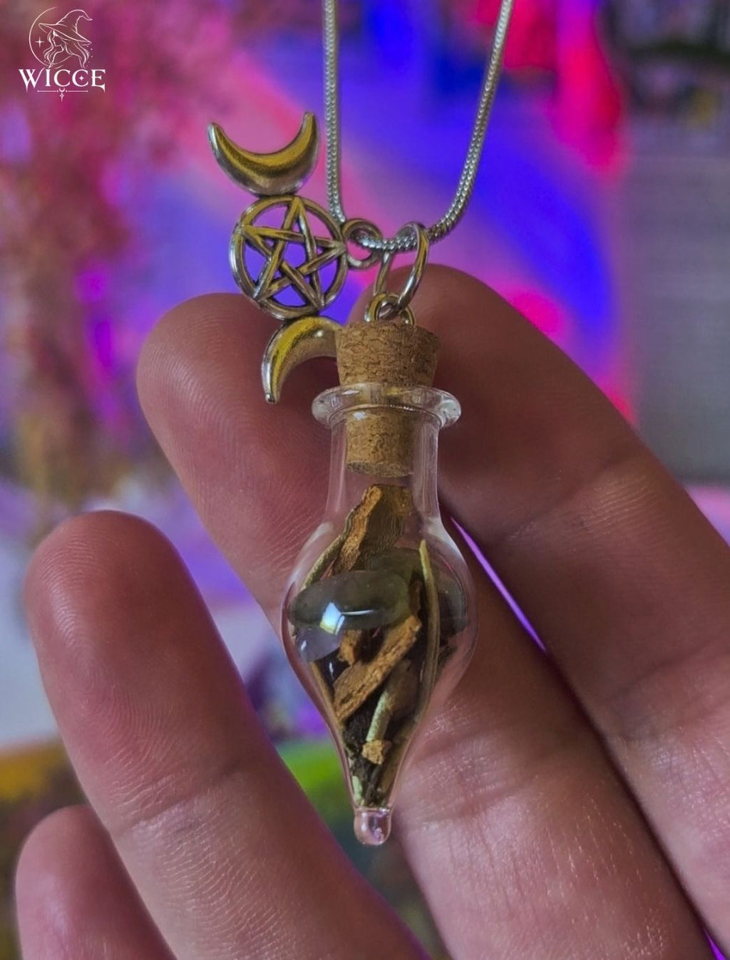 Dream Manifestation talisman necklace with a triple moon - pentagram charm, glass vial filled with herbs, amethyst, labradorite and cinnamon.