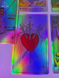 Ex & reconciliation tarot reading for relationships with colorful holographic tarot cards.