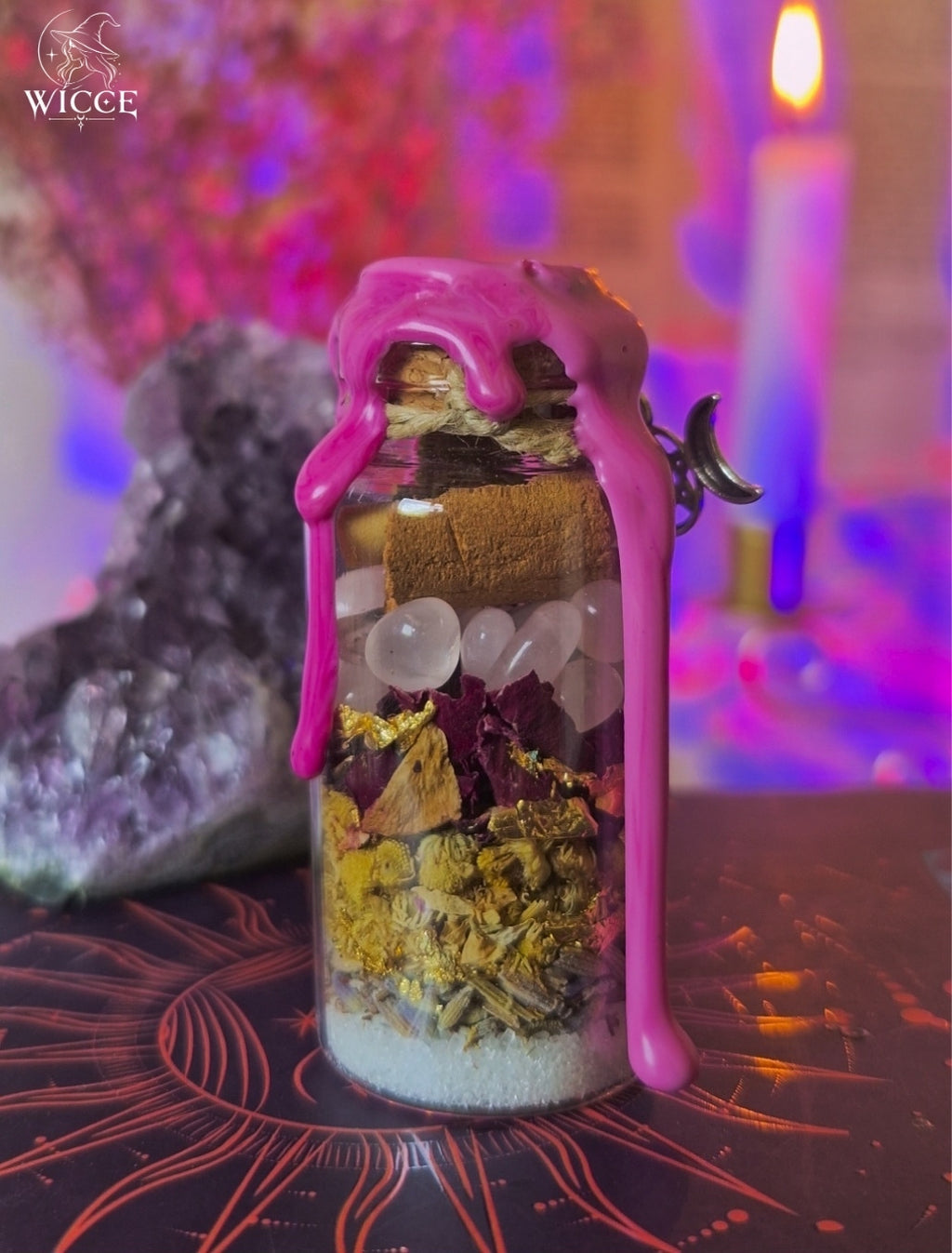 Glamour Spell Jar for Magnetic Energy & Charisma viewed from the back, featuring rose quartz, cinnamon, rose petals, chamomile, and botanical ingredients.
