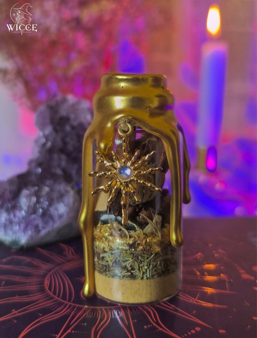 Goal Manifestation Spell Jar for Ambition & Success with gold wax, herbs, crystals and a sun charm.