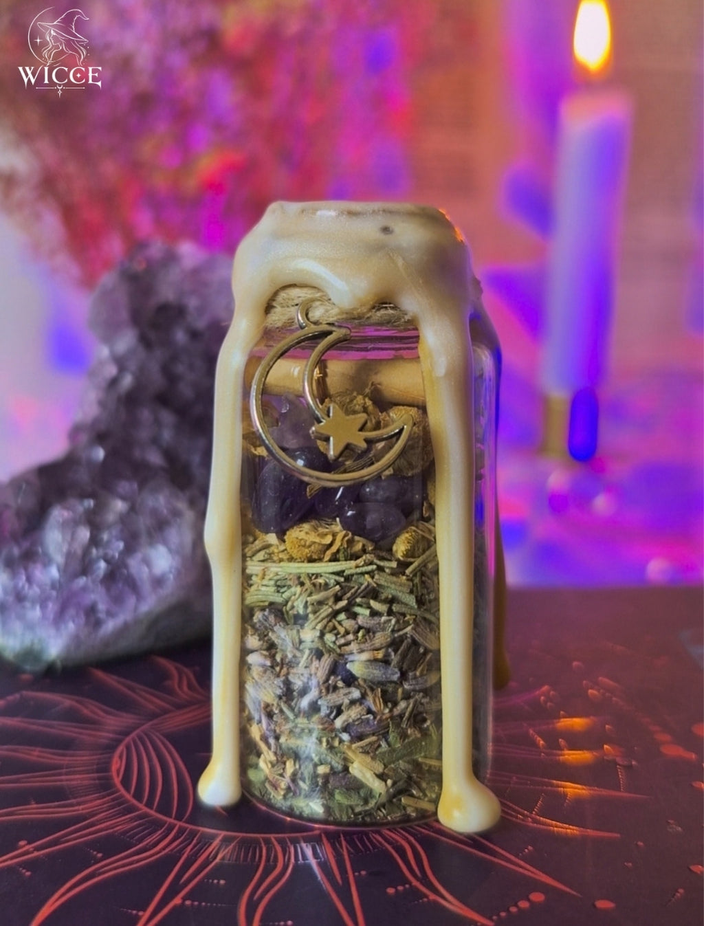 Home Blessing Spell Jar for Harmony, Peace & Positive Energy with white wax, amethyst, chamomile, herbs and a moon charm.