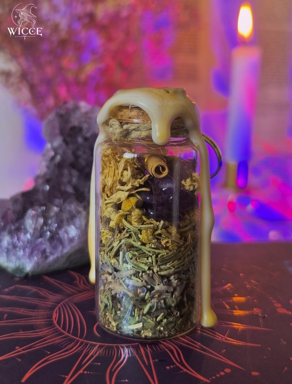 Home Blessing Spell Jar for Harmony, Peace & Positive Energy viewed from the back, featuring amethyst, dried herbs and botanical ingredients.