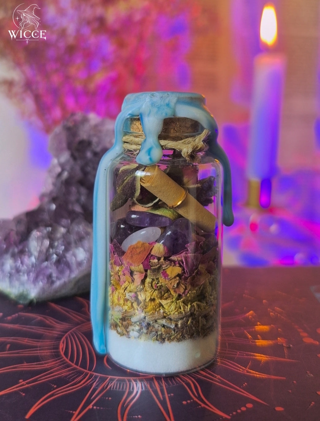 Inner Peace Spell Jar for Calm, Peaceful Energy & Restful Nights viewed from the back, featuring amethyst, rose quartz chamomile, rose, salt, and dried herbs.