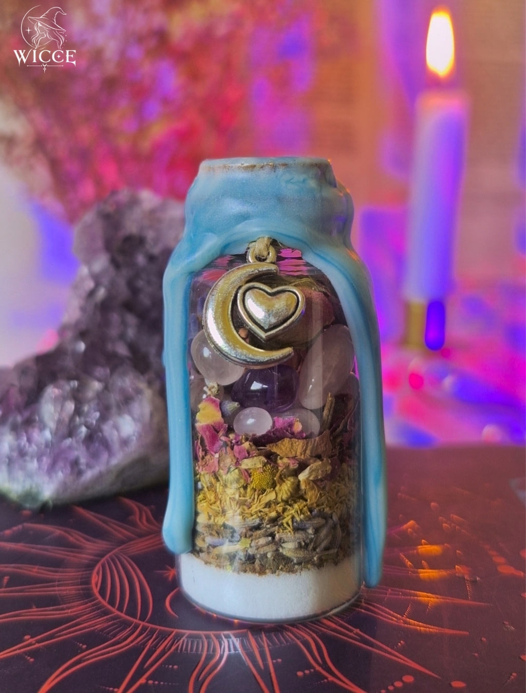 Inner Peace Spell Jar for Calm, Peaceful Energy & Restful Nights with blue wax, rose quartz, amethyst, chamomile, lavander, salt, and a heart charm.