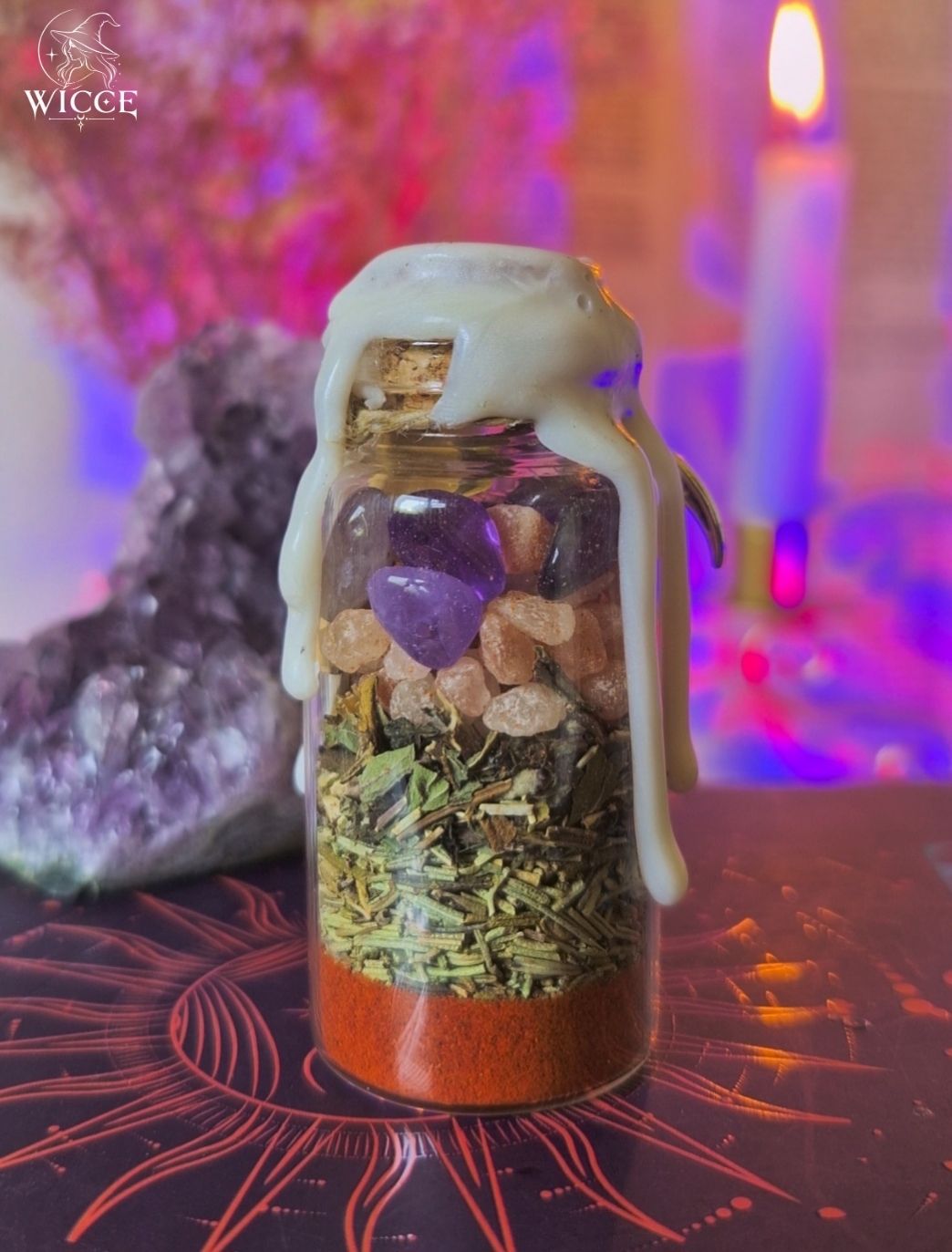 Justice Spell Jar for Righting Wrongs & Restoring Balance viewed from the back, featuring amethyst, himalayan salt, dried herbs and ritual ingredients.
