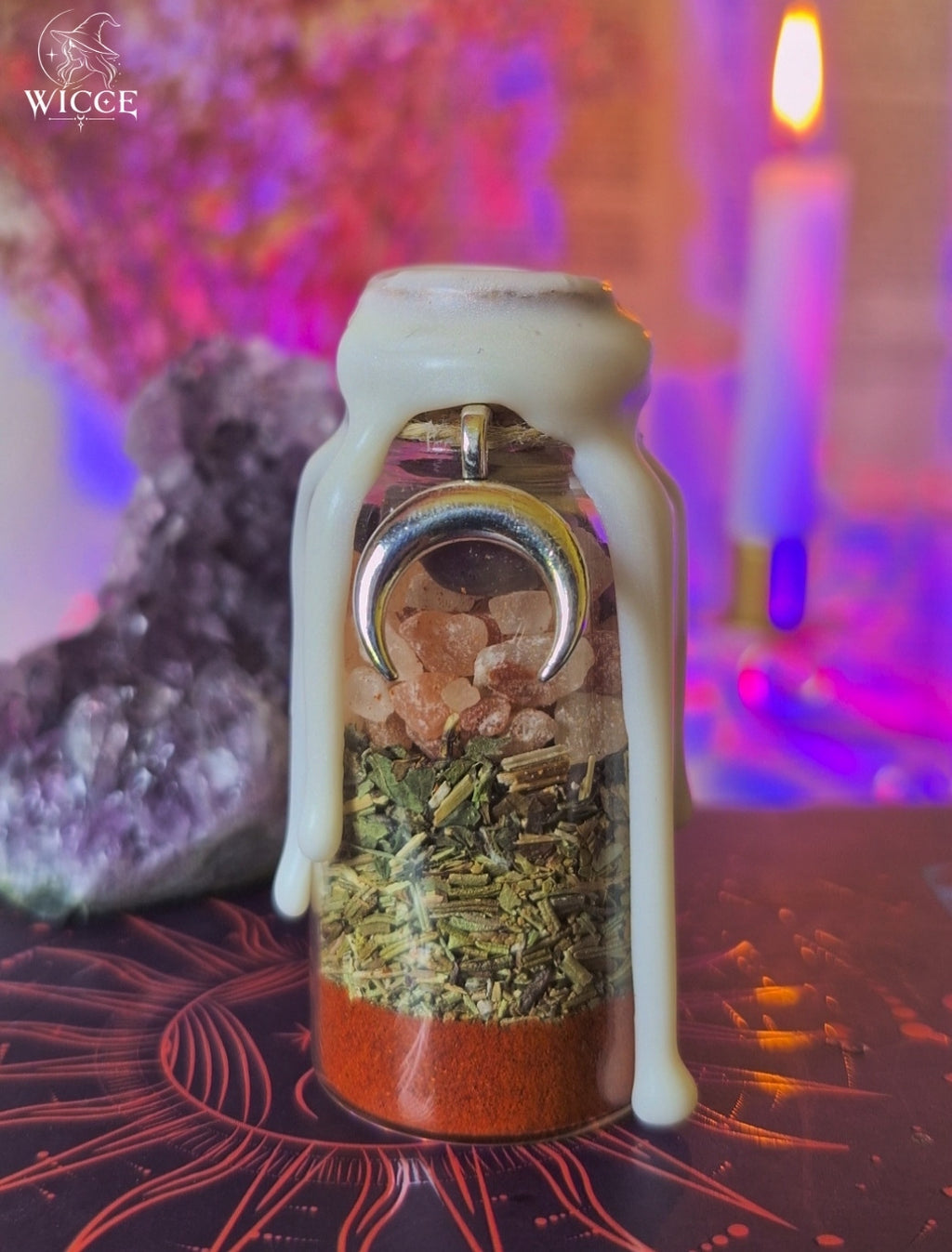 Justice Spell Jar for Righting Wrongs & Restoring Balance with white wax, himalayan salt, rosemary, herbs and a crescent moon charm.