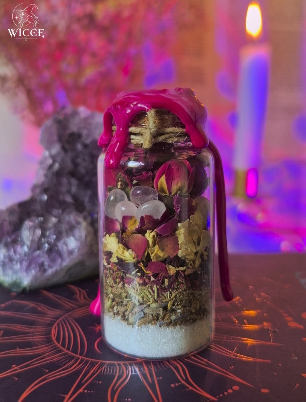 Love Attraction Spell Jar for Soulmate Energy viewed from the back, featuring rose quartz, rose petals, crystals and dried herbs