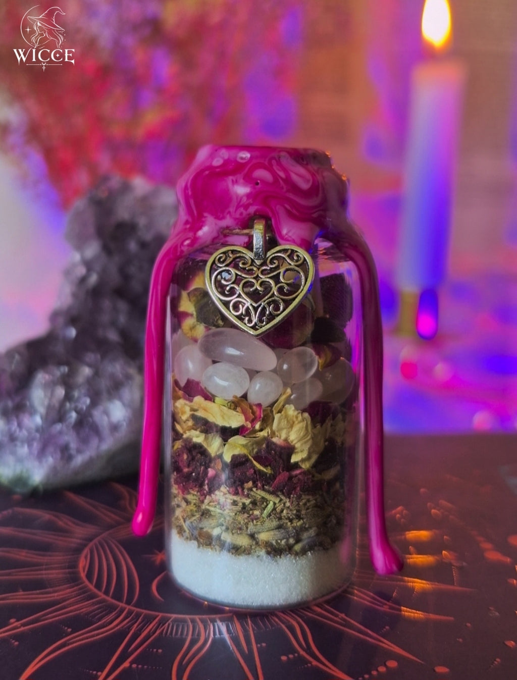 Love Attraction Spell Jar for Soulmate Energy with pink wax, rose quartz, rose petals, lavander, herbs and a heart charm
