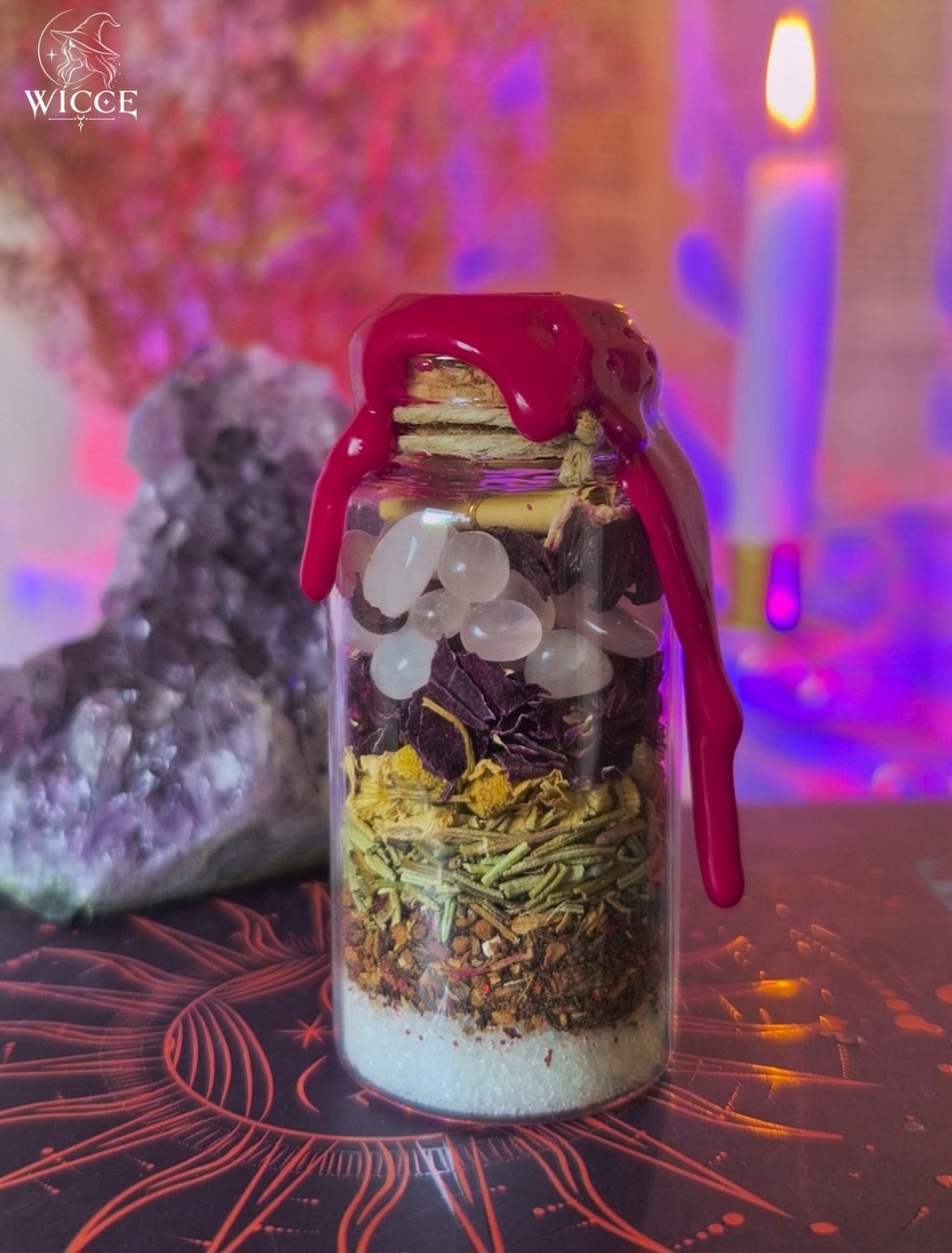 Love Bond Spell Jar for Passion, Connection & Deeper Intimacy viewed from the back, featuring rose quartz, rose petals, and dried herbs.