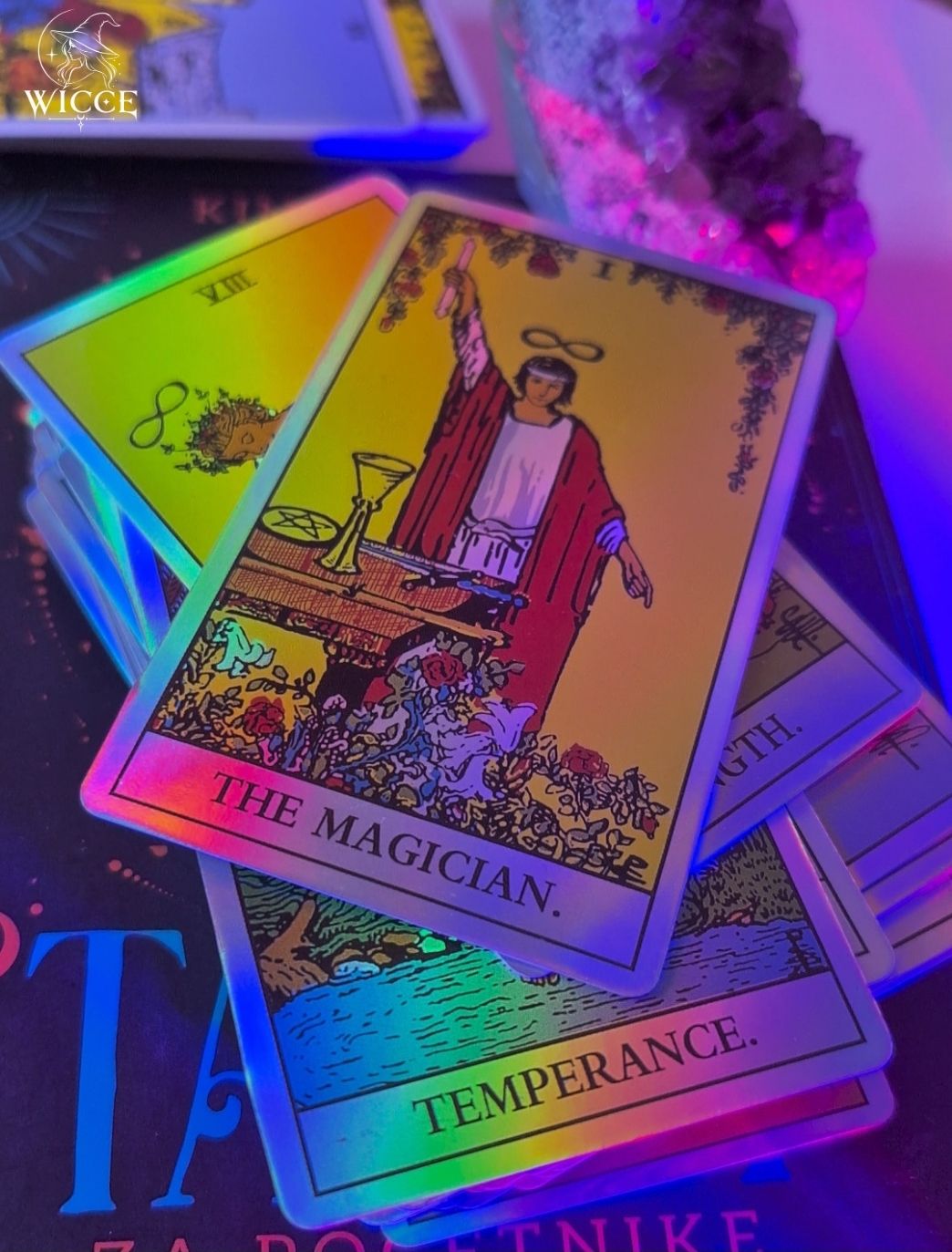 Love tarot reading for singles with colorful holographic Rider Waite tarot cards "The magician" and "Temperamence"