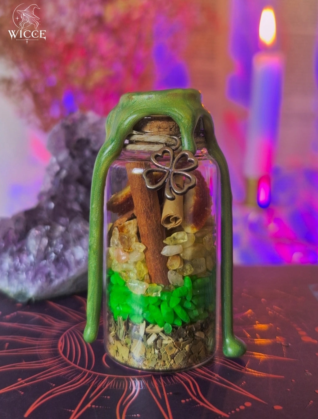 Money Attraction Spell Jar for Financial Opportunities & Abundance with green wax, money rice, cinnamon, basil, citrine, orange peel, and a clover charm.