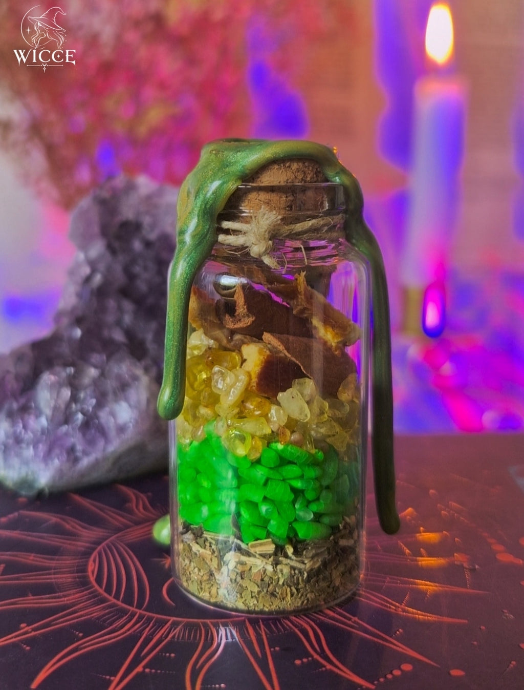 Money Attraction Spell Jar for Financial Opportunities & Abundance viewed from the back, featuring citrine, money rice, orange peel, cinnamon, herbs and abundance ingredients.