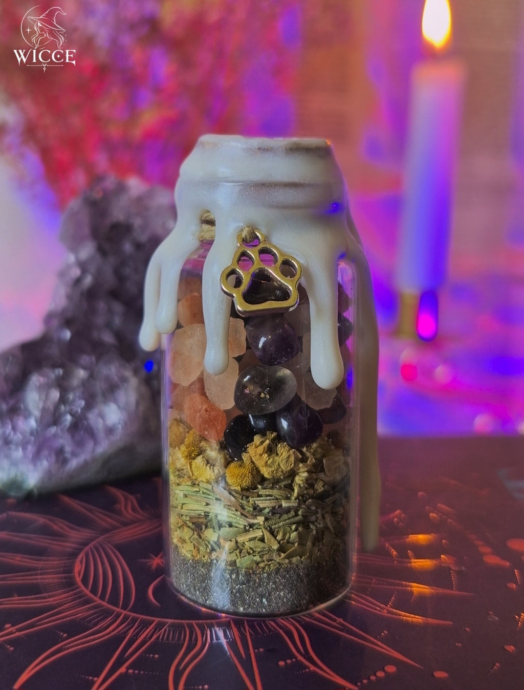 Pet Protection Spell Jar for Well-Being & Safe Energy with white wax, amethyst, himalayan salt, herbs,  and a paw charm.