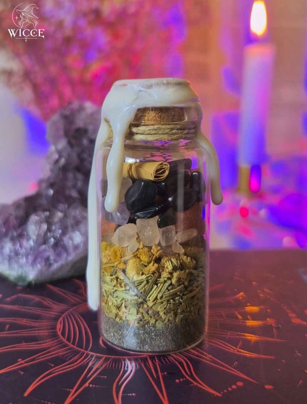 Pet Protection Spell Jar for Well-Being & Safe Energy viewed from the back, featuring amethyst, black opsidian, chamomile, himalayan salt, black salt, dried herbs and protective ingredients.
