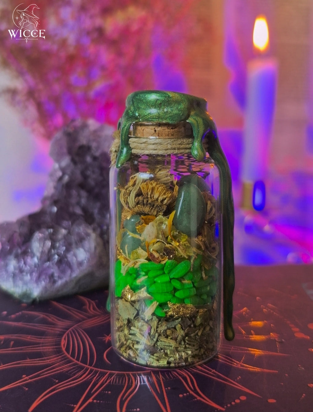 Steady Wealth Spell Jar for Stability & Lasting Prosperity viewed from the back, featuring green aventirine, money rice, dried herbs and prosperity ingredients.