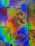 Two Paths decision tarot reading with holographic Rider Waite tarot card "The Fool".