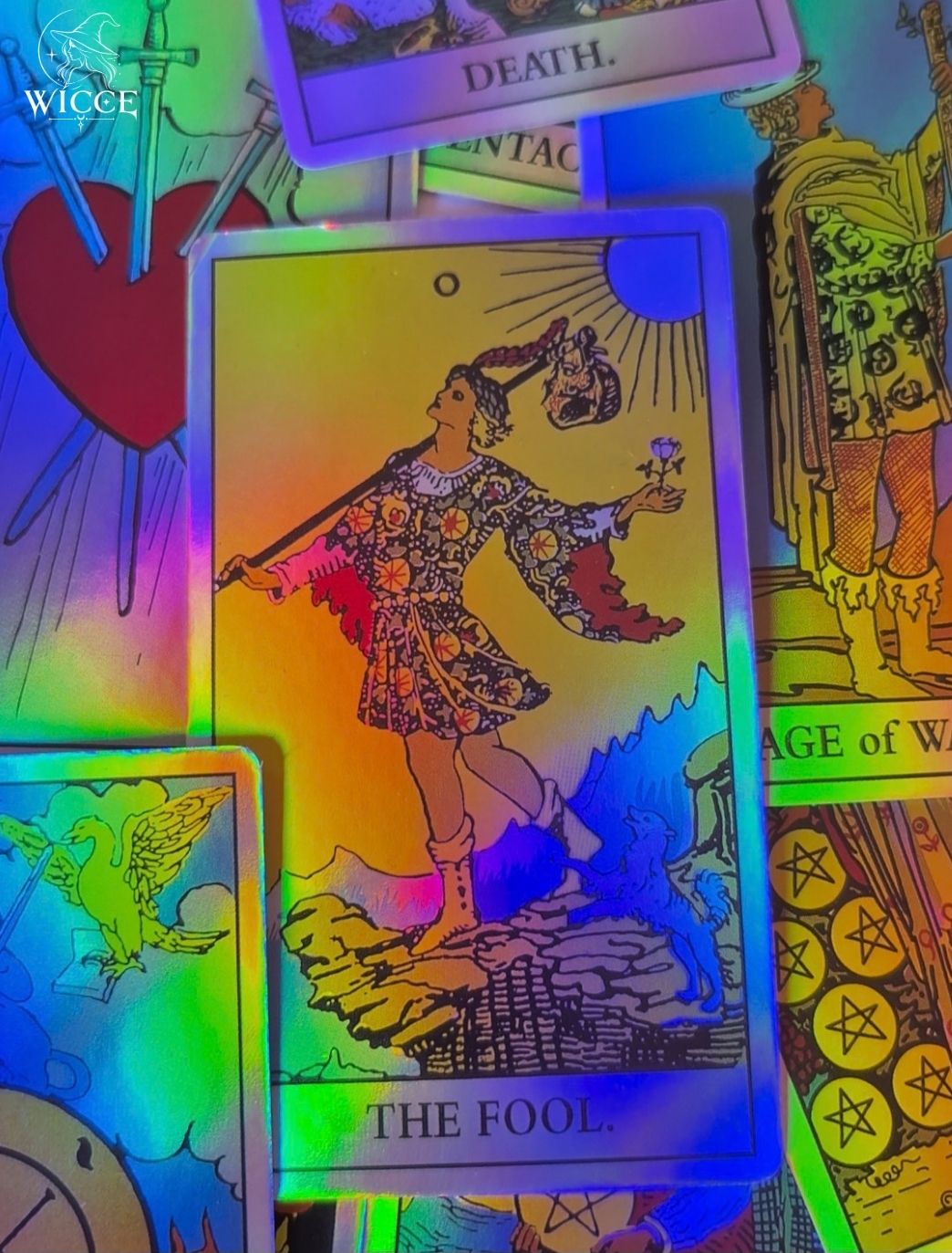 Two Paths decision tarot reading with holographic Rider Waite tarot card "The Fool".